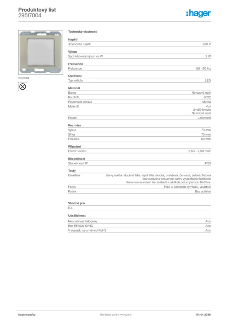 Obrázek Hager Product data sheet 29517004 | Hager