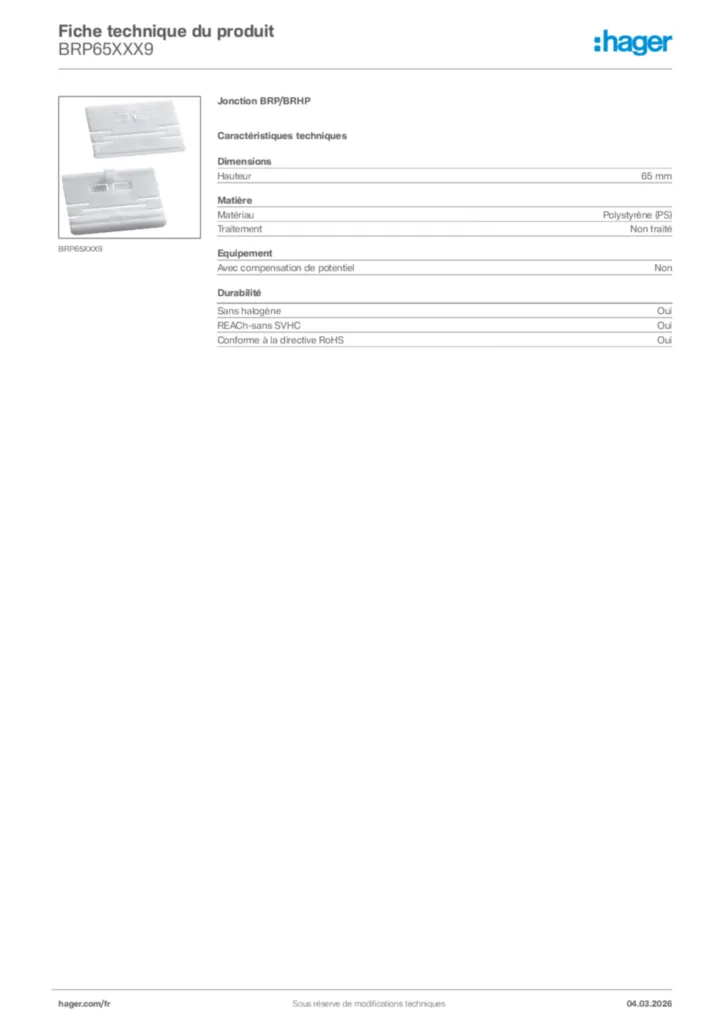 Image Hager Fiche technique du produit BRP65XXX9 | Hager France