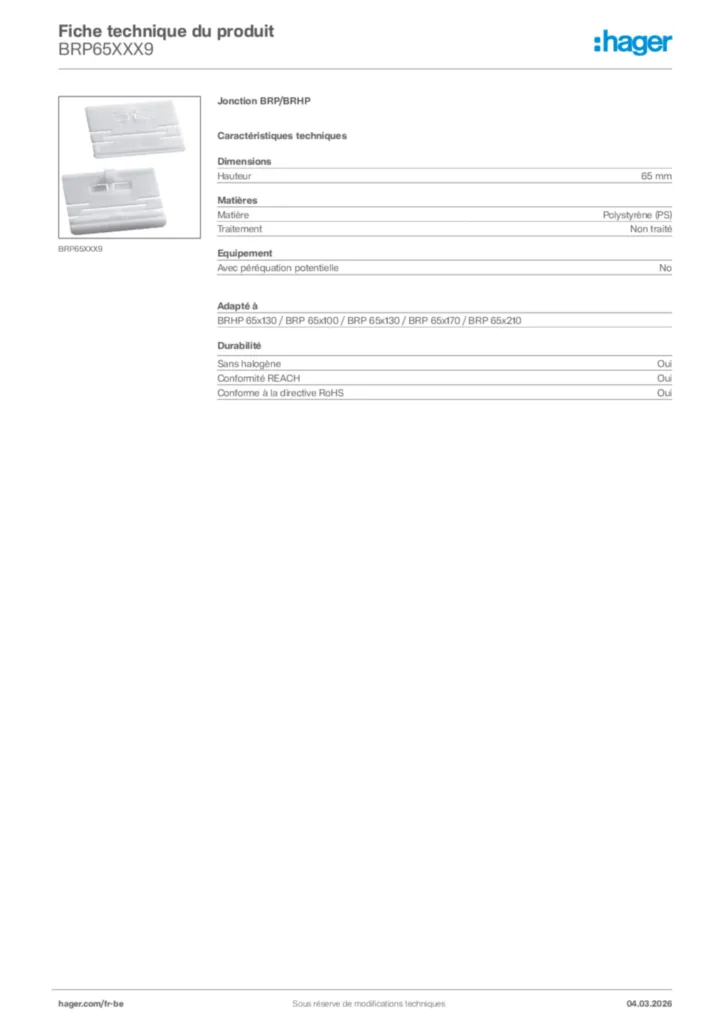 Image Hager Fiche technique du produit BRP65XXX9 | Hager Belgique