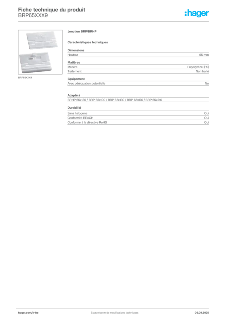 Image Hager Fiche technique du produit BRP65XXX9 | Hager Belgique