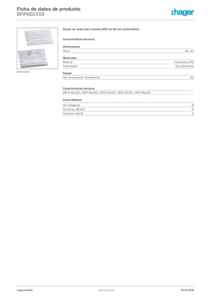 Imagen Hager Ficha de datos de producto BRP65XXX9 | Hager España