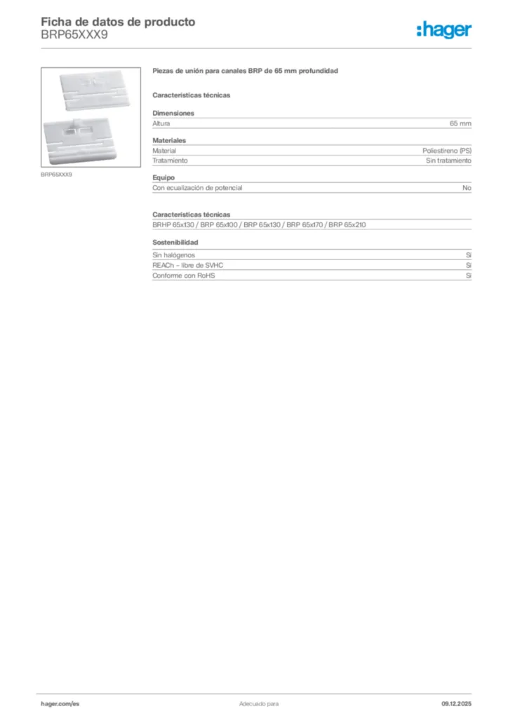 Imagen Hager Ficha de datos de producto BRP65XXX9 | Hager España