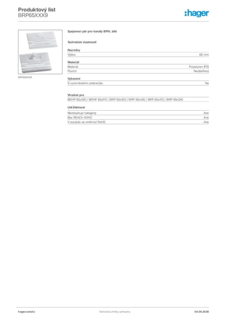 Obrázek Hager Product data sheet BRP65XXX9 | Hager