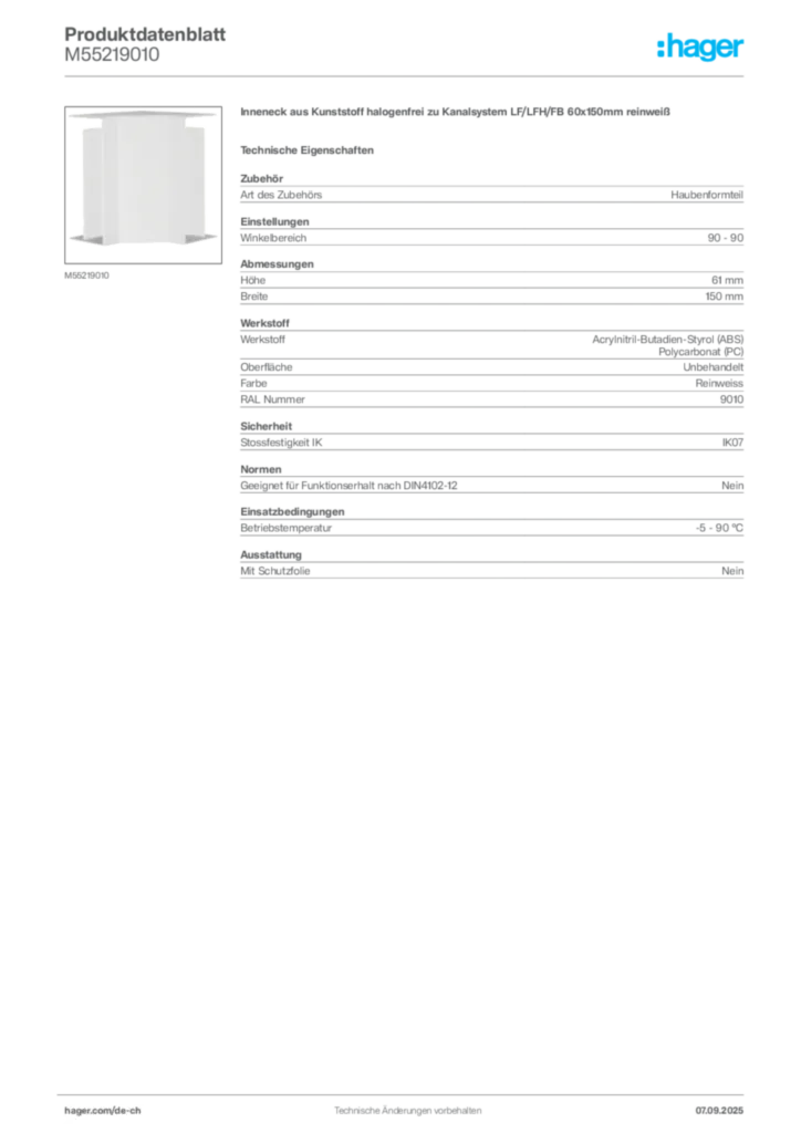 Bild Hager Produktdatenblatt M55219010 | Hager Schweiz