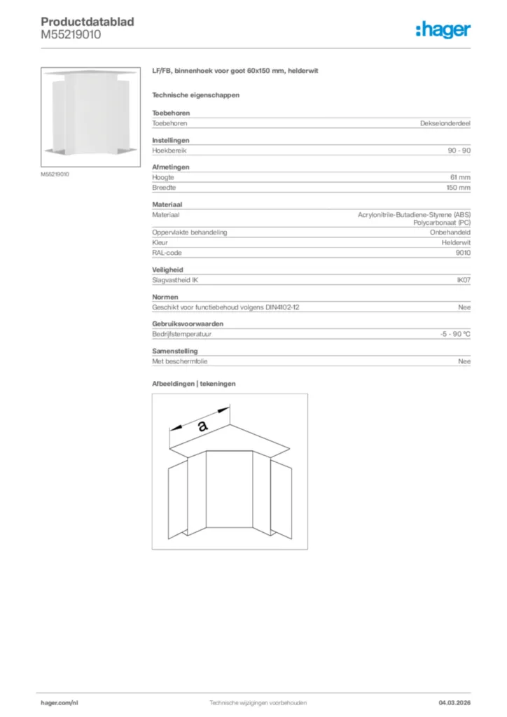 Afbeelding Hager Productdatablad M55219010 | Hager Nederland