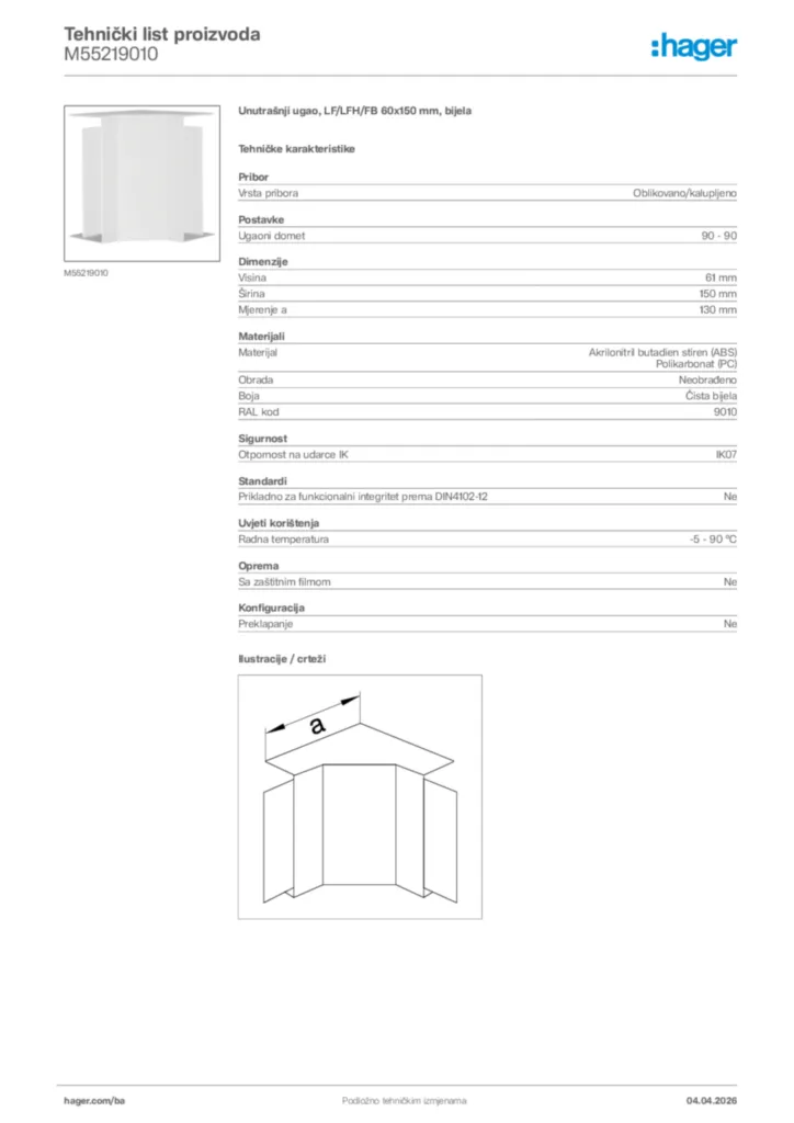Slika Hager Tehnički list proizvoda M55219010  | Hager