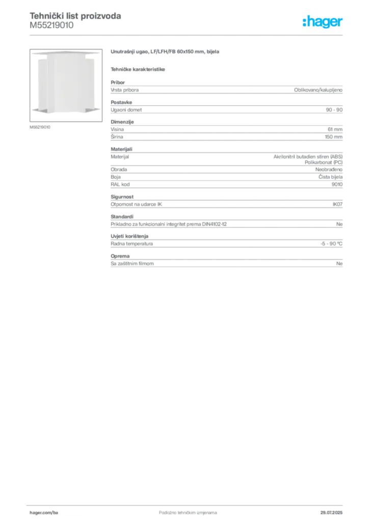 Slika Hager Product data sheet M55219010  | Hager