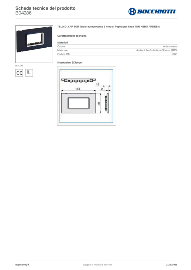 Immagine Bocchiotti Scheda tecnica del prodotto B04286 | Hager Italia