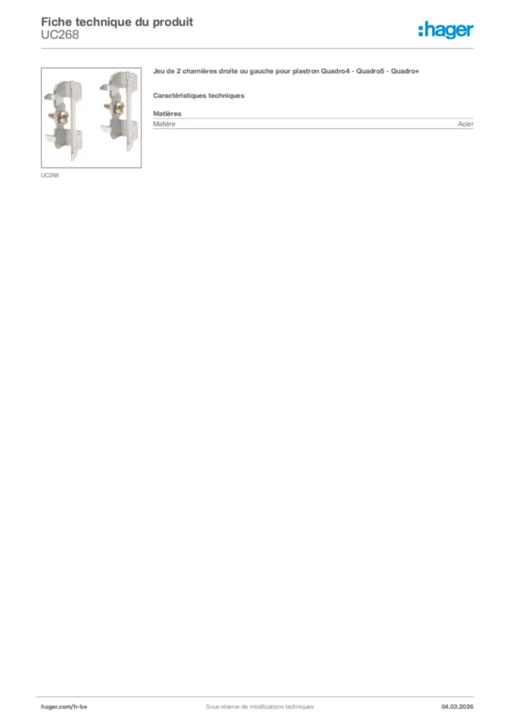 Image Hager Fiche technique du produit UC268 | Hager Belgique