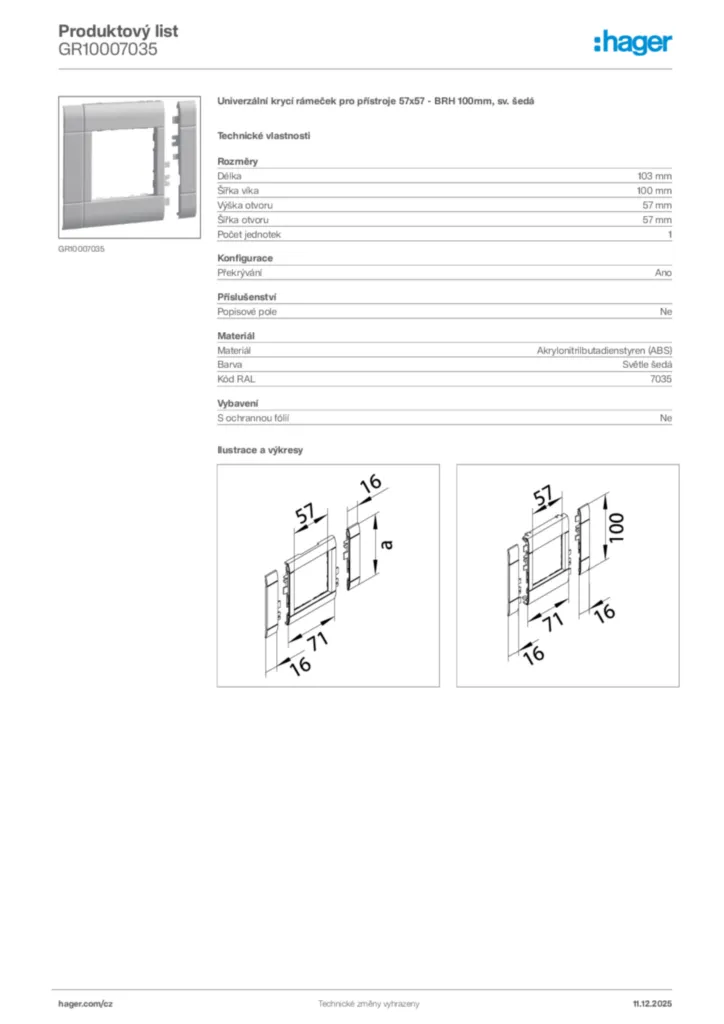 Obrázek Hager Produktový list GR10007035 | Hager