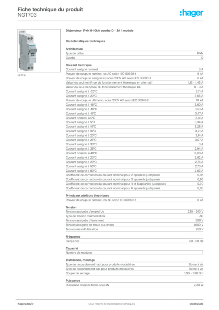 Image Hager Fiche technique du produit NGT703 | Hager France