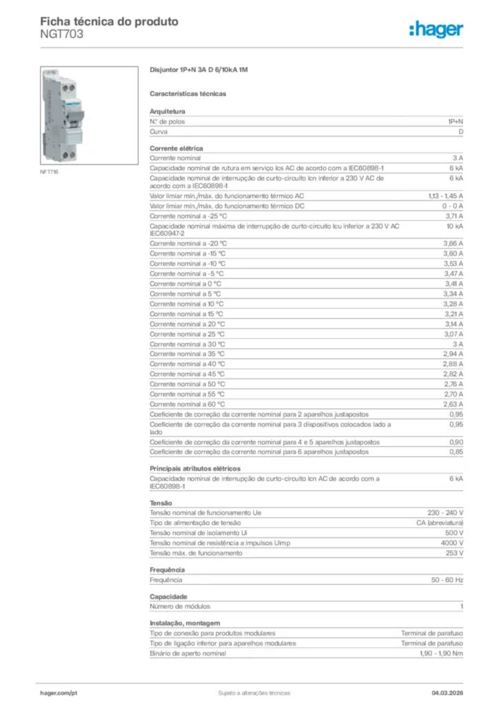 Imagem Hager Ficha técnica do produto NGT703 | Hager Portugal