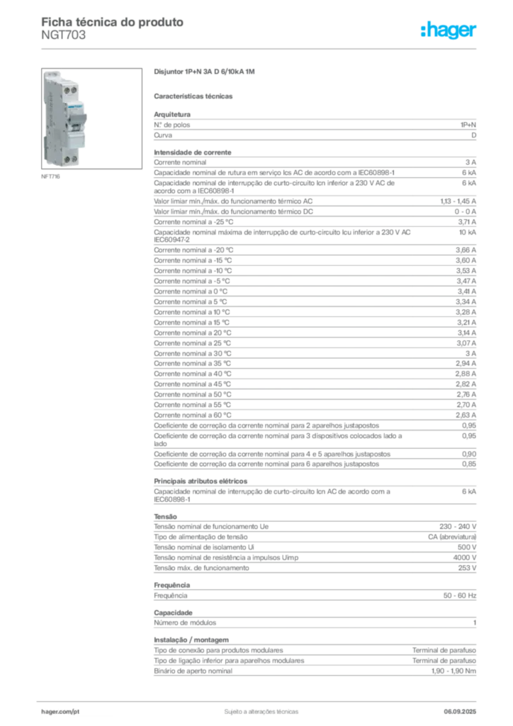 Imagem Hager Ficha técnica do produto NGT703 | Hager Portugal