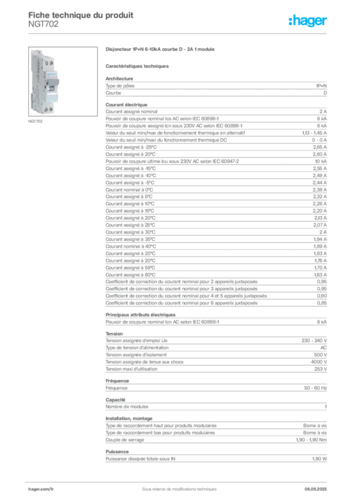 Image Hager Fiche technique du produit NGT702 | Hager France