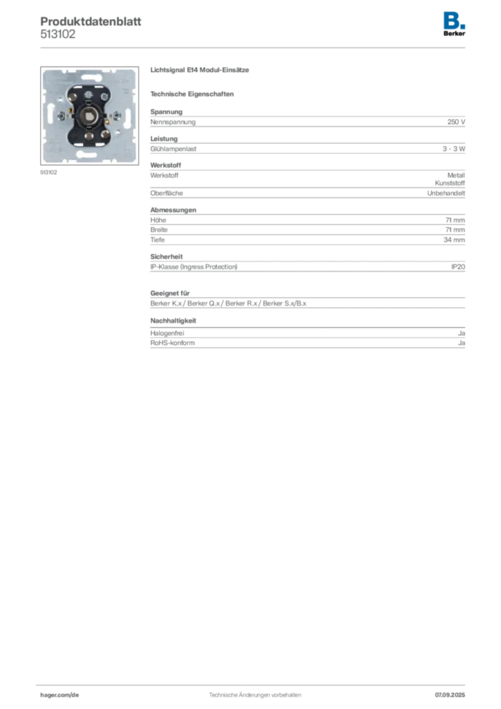 Bild Berker Produktdatenblatt 513102 | Hager Deutschland
