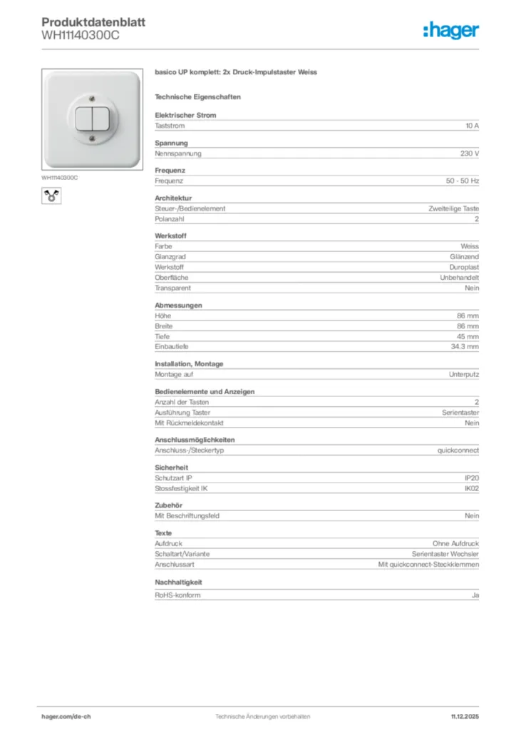 Bild Hager Produktdatenblatt WH11140300C | Hager Schweiz