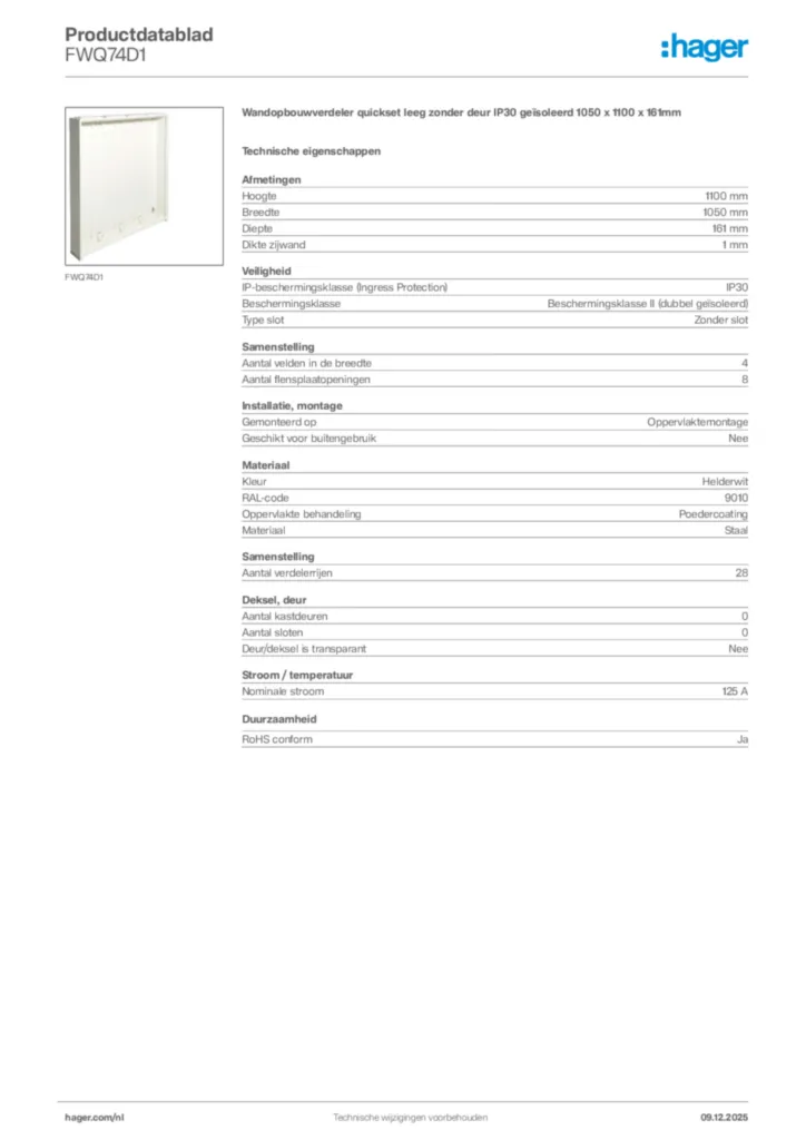 Afbeelding Hager Productdatablad FWQ74D1 | Hager Nederland