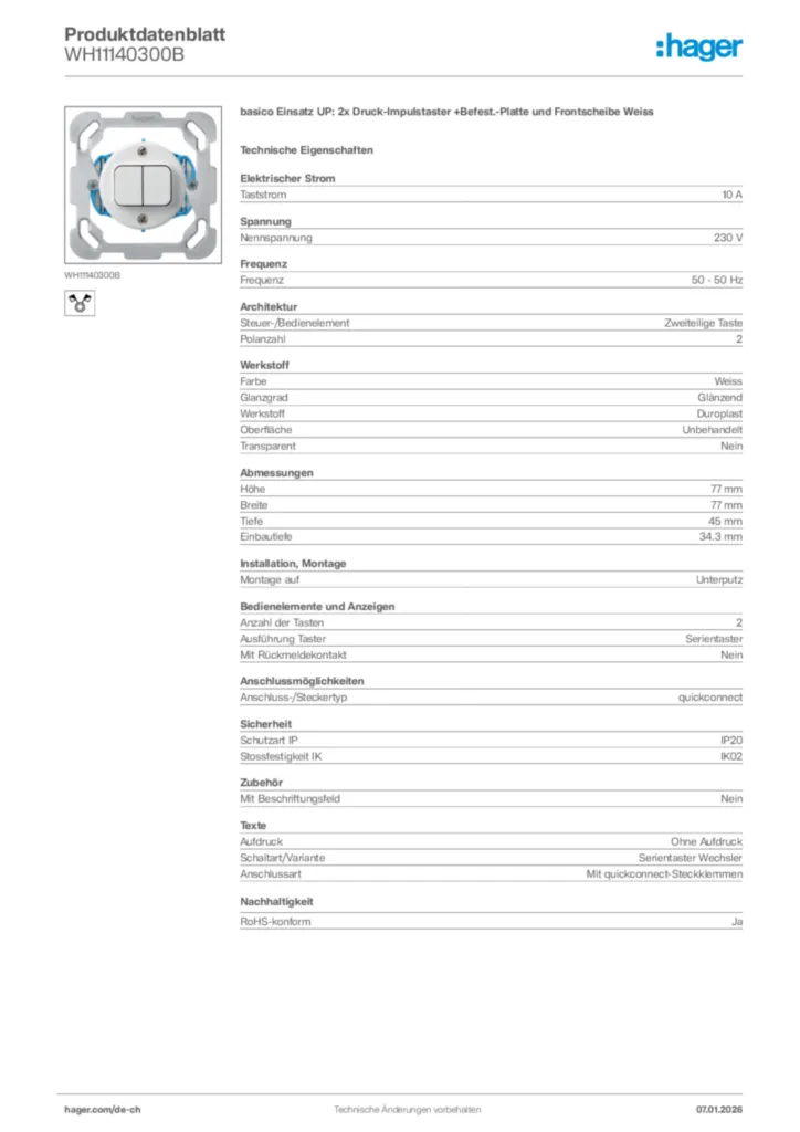 Bild Hager Produktdatenblatt WH11140300B | Hager Schweiz