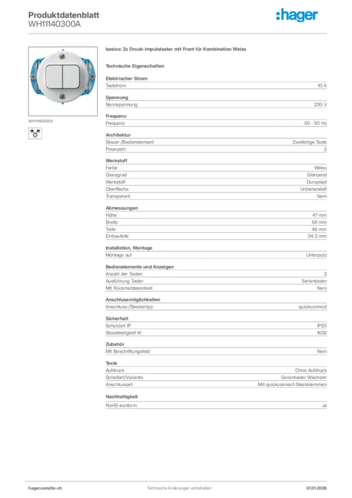 Bild Hager Produktdatenblatt WH11140300A | Hager Schweiz