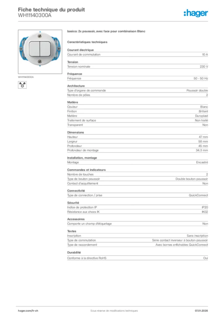Image Hager Fiche technique du produit WH11140300A | Hager Suisse