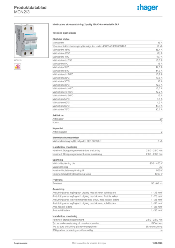 Bild Hager Produktdatablad MCN213 | Hager Sverige