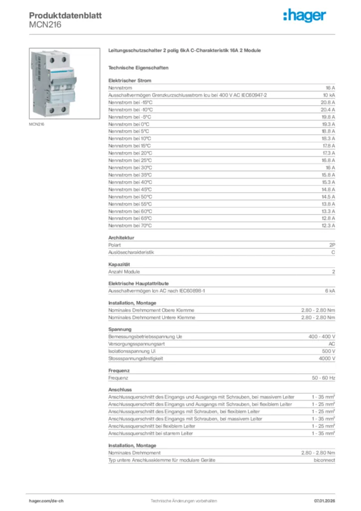 Bild Hager Produktdatenblatt MCN216 | Hager Schweiz