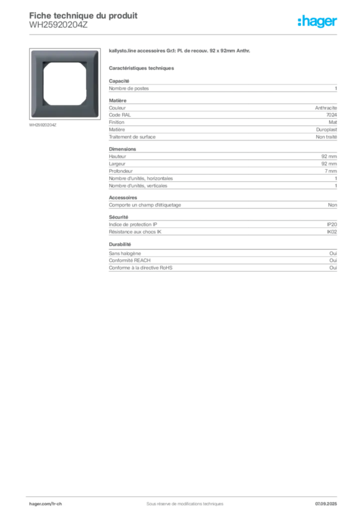 Image Hager Fiche technique du produit WH25920204Z | Hager Suisse