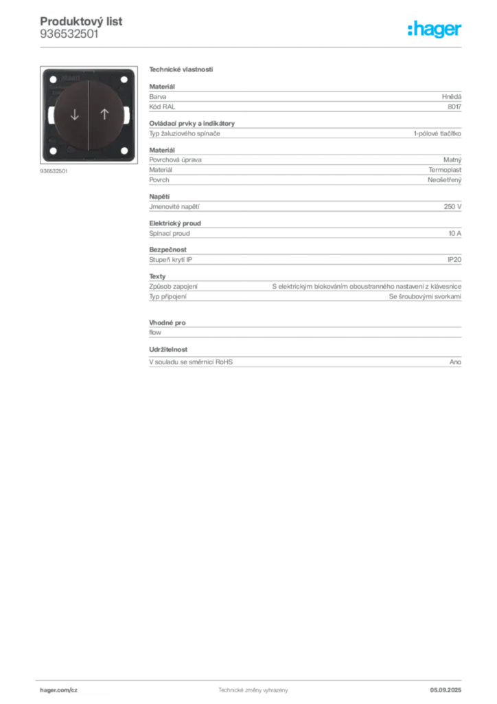 Obrázek Hager Produktový list 936532501 | Hager