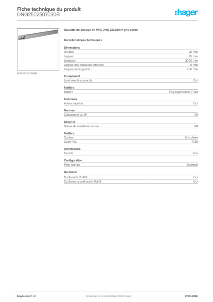 Image Hager Fiche technique du produit DNG2502507030B | Hager Suisse