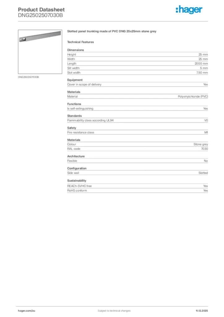 Image Hager Product data sheet DNG2502507030B  | Hager Australia