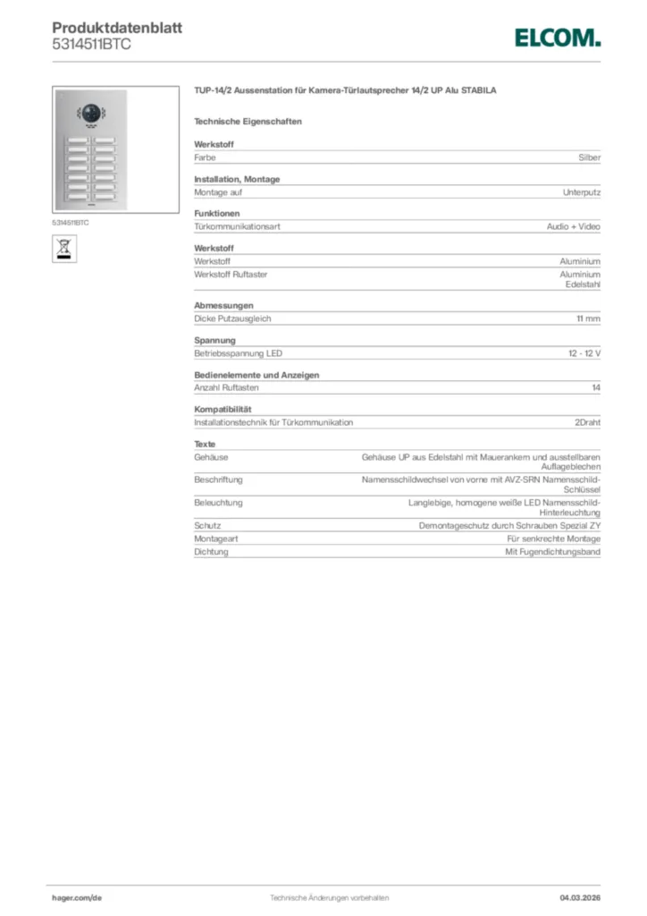 Bild Elcom Produktdatenblatt 5314511BTC | Hager Deutschland