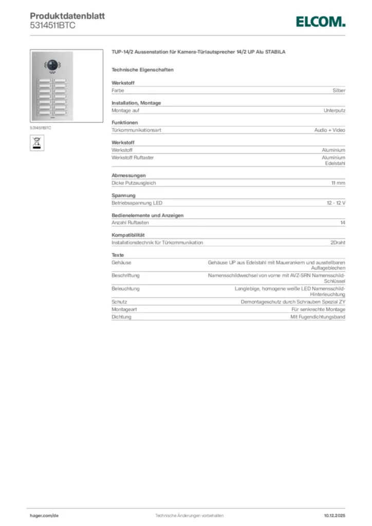 Bild Elcom Produktdatenblatt 5314511BTC | Hager Deutschland