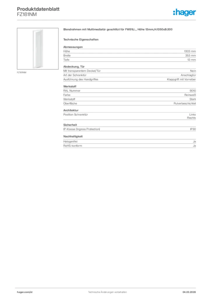 Bild Hager Produktdatenblatt FZ181NM | Hager Deutschland