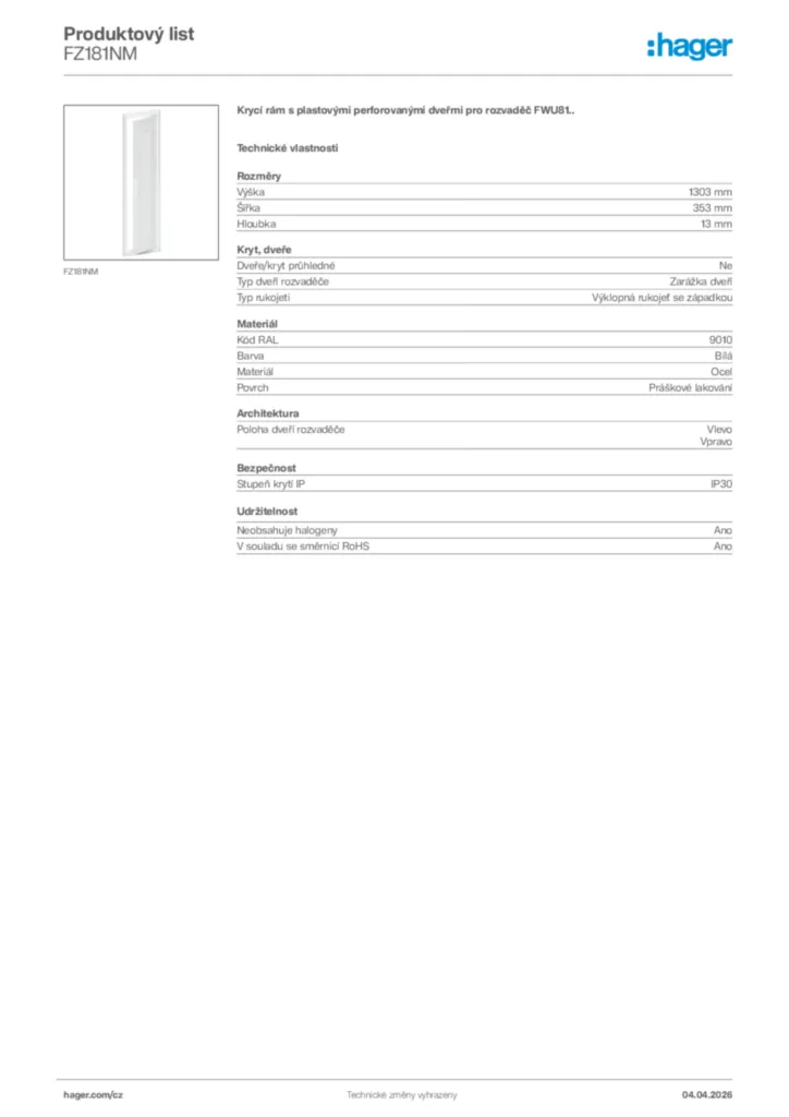 Obrázek Hager Product data sheet FZ181NM | Hager