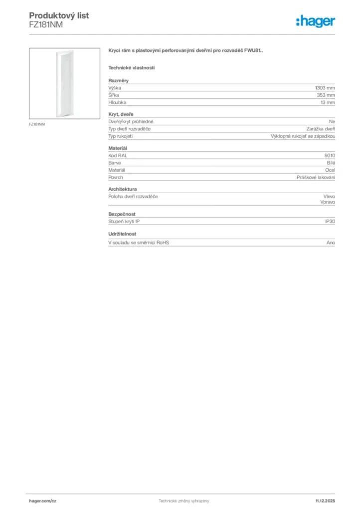 Obrázek Hager Produktový list FZ181NM | Hager