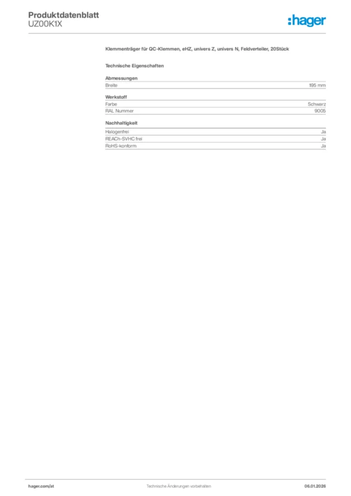 Bild Hager Produktdatenblatt UZ00K1X | Hager Deutschland