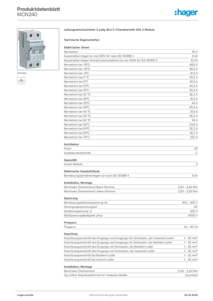 Bild Hager Produktdatenblatt MCN240 | Hager Deutschland