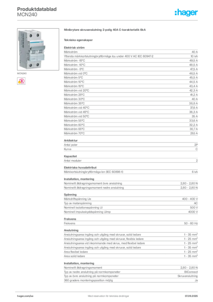 Bild Hager Produktdatablad MCN240 | Hager Sverige
