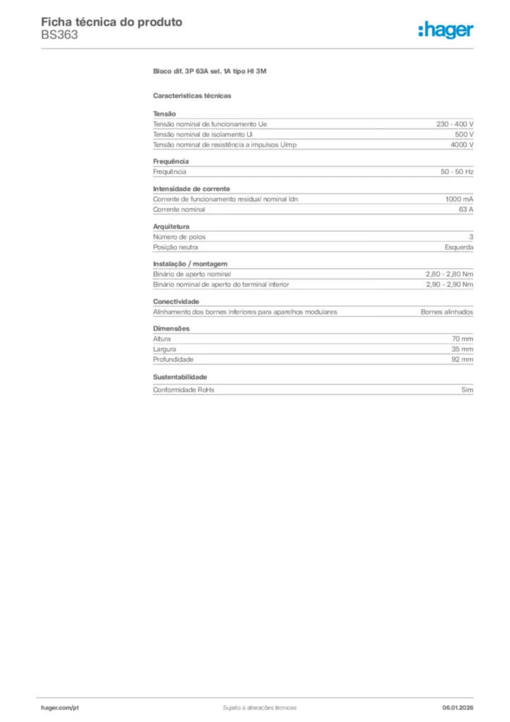 Imagem Hager Ficha técnica do produto BS363 | Hager Portugal