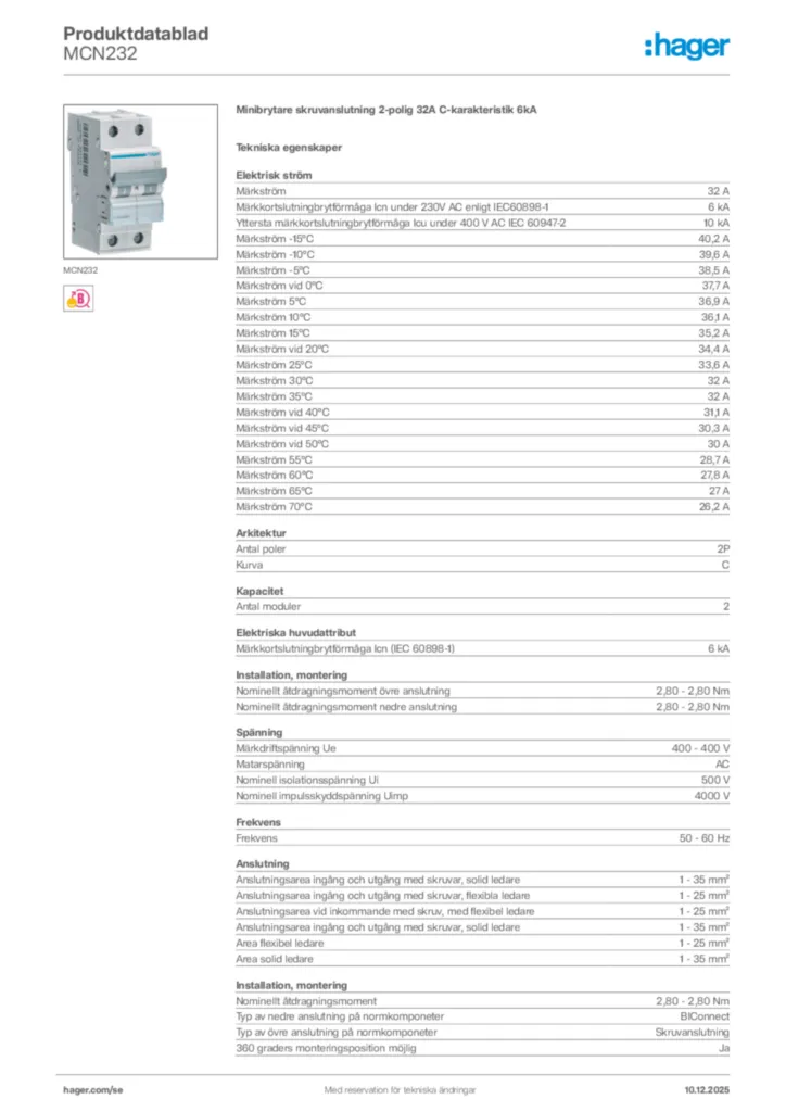 Bild Hager Produktdatablad MCN232 | Hager Sverige