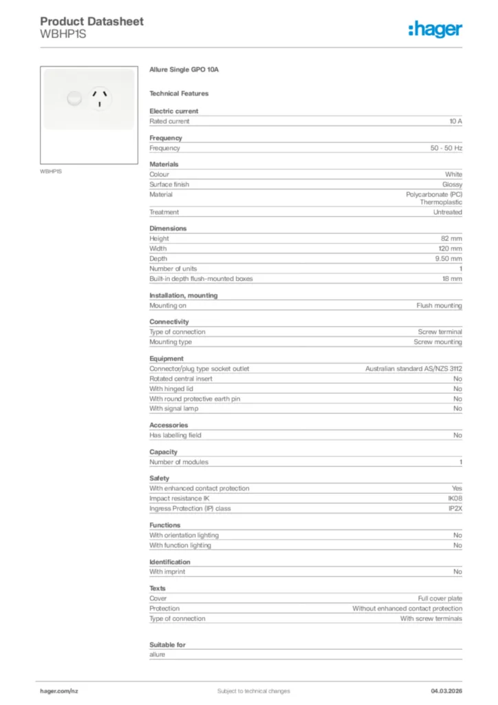 Image Hager Product data sheet WBHP1S  | Hager New Zealand