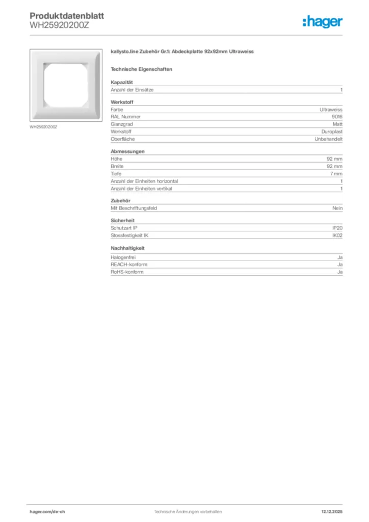 Bild Hager Produktdatenblatt WH25920200Z | Hager Schweiz