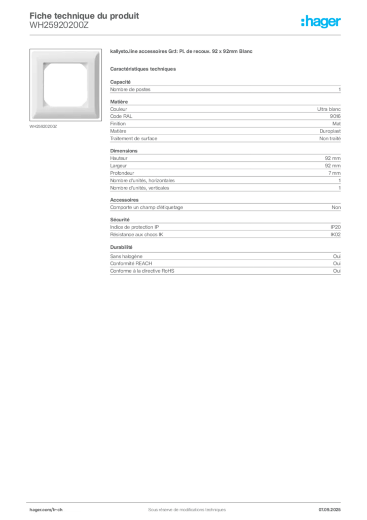 Image Hager Fiche technique du produit WH25920200Z | Hager Suisse