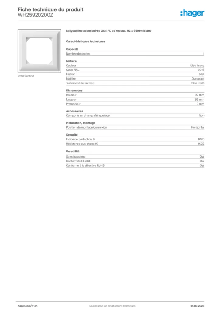 Image Hager Fiche technique du produit WH25920200Z | Hager Suisse