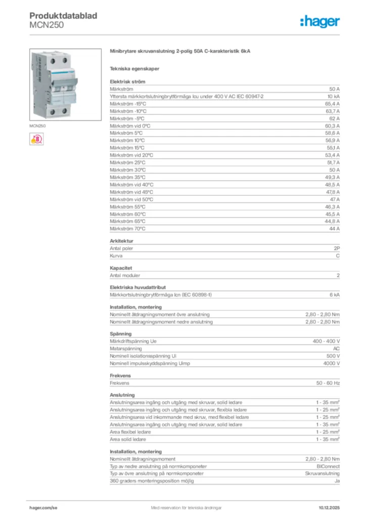 Bild Hager Produktdatablad MCN250 | Hager Sverige