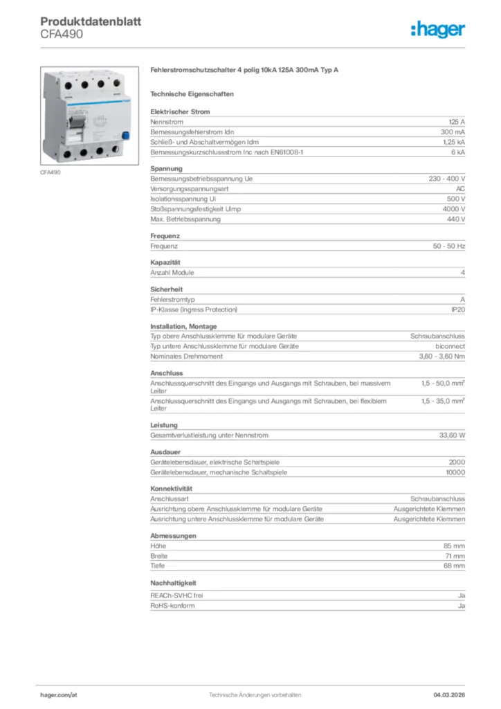 Bild Hager Produktdatenblatt CFA490 | Hager Deutschland