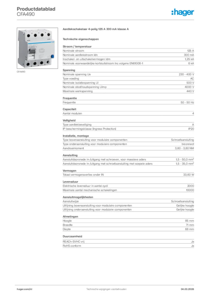 Afbeelding Hager Productdatablad CFA490 | Hager Nederland