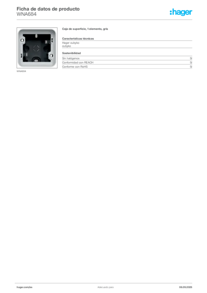 Imagen Hager Ficha de datos de producto WNA684 | Hager España