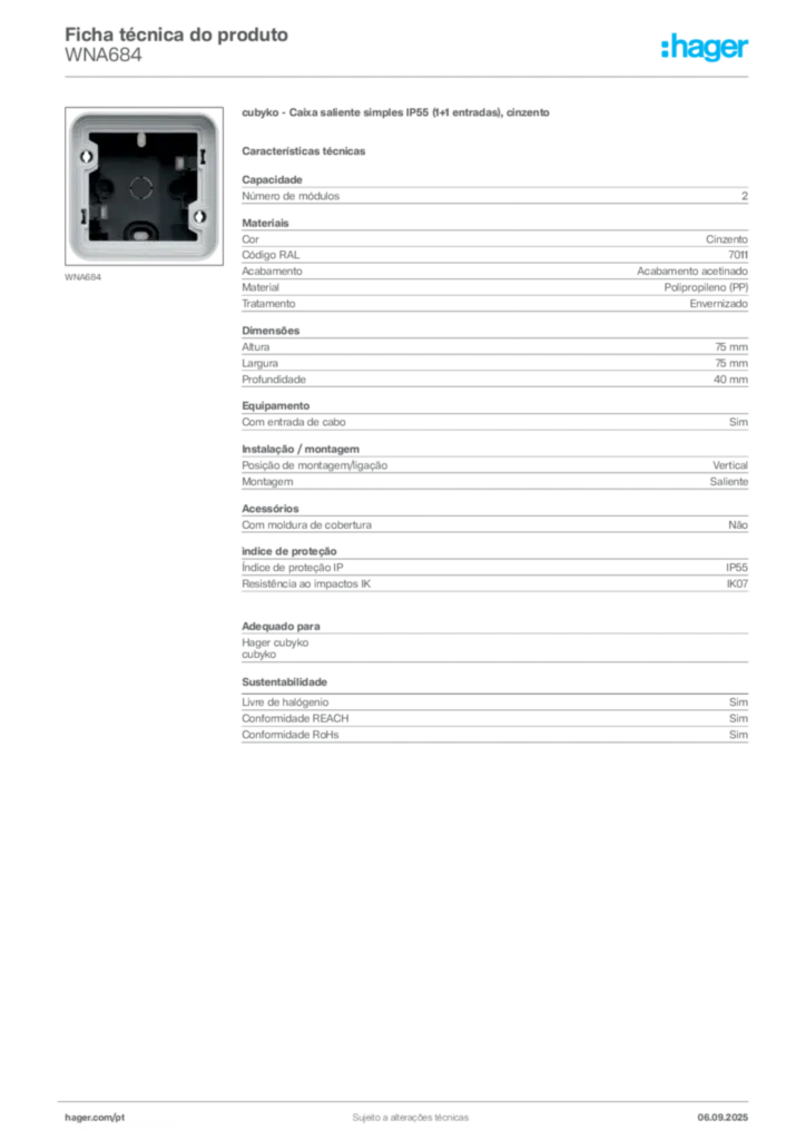 Imagem Hager Ficha técnica do produto WNA684 | Hager Portugal