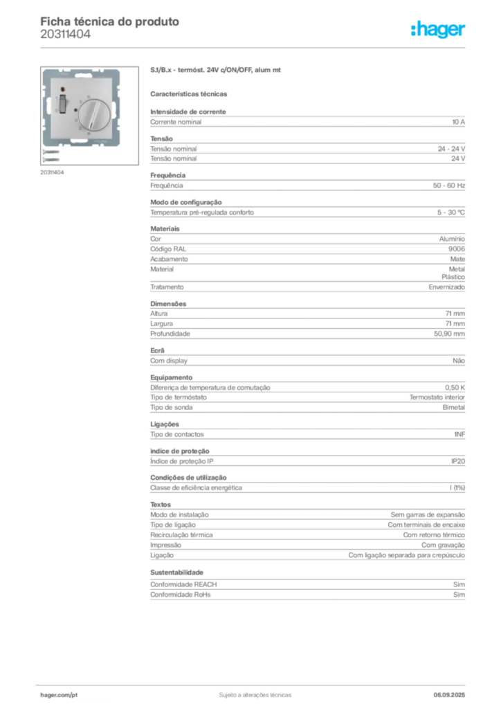 Imagem Hager Ficha técnica do produto 20311404 | Hager Portugal